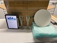 Group shot showing pilsner glasses, one dinner plate, stack of foam protectors, background moving box