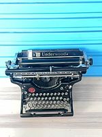 Front view of Underwood P8 typewriter with keyboard and carriage