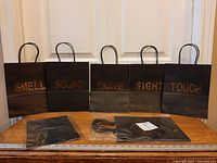 Front view of five different sense-labeled bags