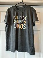 Full front view of T-shirt showing graphic and colour