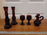 full lot showing two candlesticks, two goblets and small pitcher