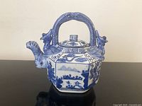 Full view of blue and white porcelain teapot