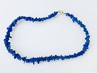 Full view of lapis lazuli chip bead necklace arranged in oval