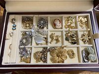 Top tier of jewelry box showing assorted brooches, earrings, rings, necklaces and bangle