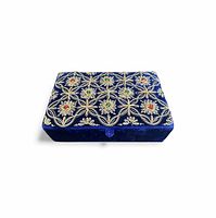 Closed blue velvet jewelry box showing top gold zardozi embroidery with colored stones