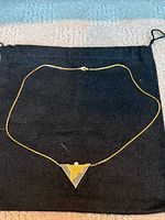 Full view of necklace laid flat on black pouch, showing chain, pendant, and clasp