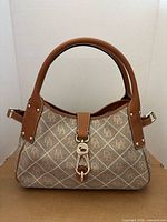 Front view of Dooney & Bourke monogram satchel showing shape, handles, leather trim and clasp