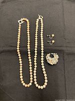 Full set laid out showing two necklaces, earrings pair, brooch