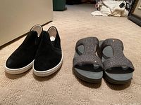 Both pairs of shoes side by side on carpeted floor