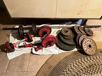 Overall view of lot with barbell, two dumbbell handles and multiple weight plates on towel