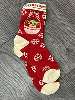 Full view of pair of red Baby Yoda Christmas socks