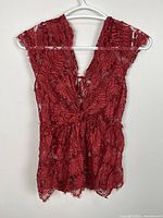 Front view of red lace sleeveless top on hanger