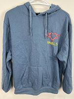 Front view of blue hoodie showing chest graphic, pocket and hood