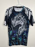 Front view of Lafroi graphic athletic T-shirt hanging on hanger