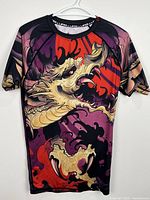 Front view of Lafroi purple dragon athletic T-shirt on hanger