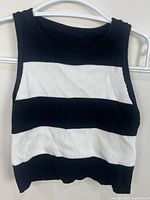 Front view of black and white striped ribbed crop top on hanger