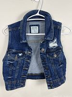 Front of Wax Jean cropped distressed denim vest showing button front and distressing
