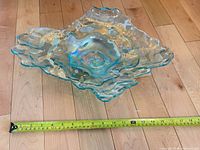 Top view showing overall shape, color, iridescence, measuring tape indicates width