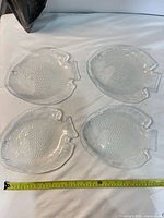 All four clear glass fish plates displayed on flat surface with tape measure for scale