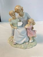 Front view of porcelain figurine showing mother, son and daughter