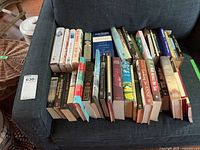 Full view of all books spread on sofa