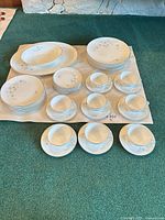 Full set arranged showing plates, cups, saucers, platter and bowl