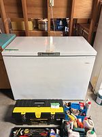 Front view of Danby white chest freezer