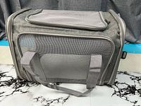 Full view of gray soft-sided pet carrier showing mesh panel, top zippered flap, carrying handles