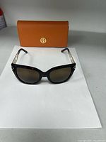 Front view of sunglasses with case behind