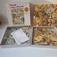 Both puzzle boxes open showing pieces and instructions
