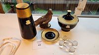 Full lot showing vase, bowl, saucer, bird figurine, three crystal rests