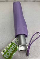Umbrella inside lavender sleeve with tag and wrist strap visible