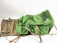 Side view of green JanSport backpack on aluminum frame