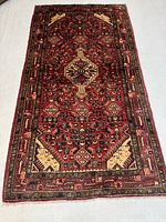 Full view of the entire Hamadan rug showing overall design and dimensions