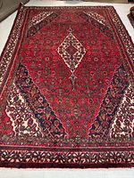 Full top-view of entire Hamadan rug showing overall pattern and borders