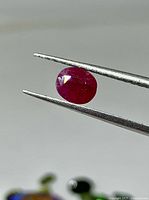Front view of oval ruby in tweezers