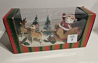 Front view of boxed diorama showing Santa, reindeer, trees