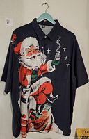 Full front view of Santa graphic button shirt