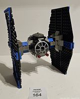 Front angled view of assembled LEGO TIE Fighter