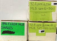 Three labeled cardboard boxes: 1990 Fleer MLB Singles, 92 Fleer Ultra MLB Set (1-300), 92 Fleer Ultra II MLB Set (301-600)