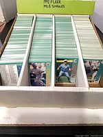 Box of sorted 1992 Fleer baseball cards in dividers showing large quantity