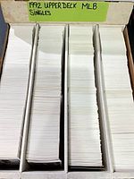 Three-row cardboard long box filled with 1992 Upper Deck baseball singles