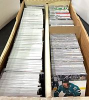 Two-row card box filled with bulk Upper Deck NHL base cards