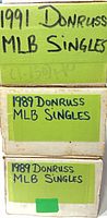 End view of labelled boxes showing 1991 Donruss and two 1989 Donruss labels