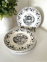 Front view of stacked plates and one displayed to show pattern