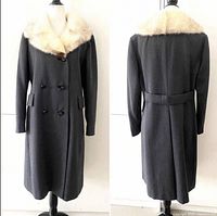 Front and back views of grey wool coat on mannequin