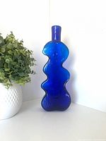 Front view of cobalt blue wavy puzzle vase next to plant for scale