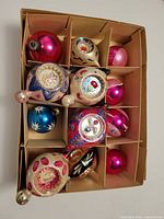 Box showing all 10 glass ornaments in compartments