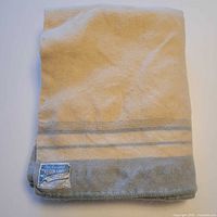 Folded wool blanket showing overall colour, stripe pattern and label