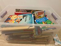 Clear plastic bin filled with children’s books showing Disney Pinocchio and Invisible Stanley on top